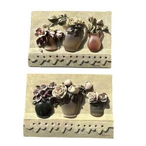 Set of 2 L Cheri Blum 3D Wall Plaques Raised Flowers In Vases Vintage